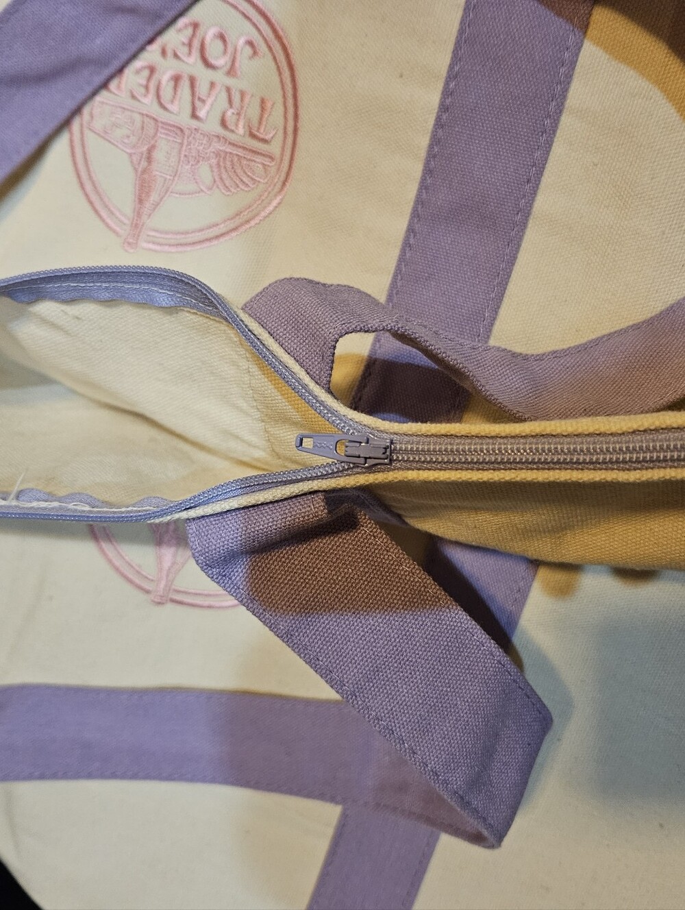 Trader Joe's Lavender Canvas Tote Bag with ZIPPER